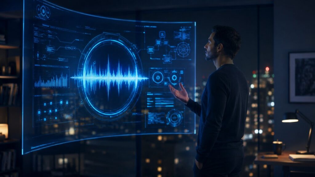 Person speaking to a voice-controlled Jarvis AI assistant on a futuristic holographic screen