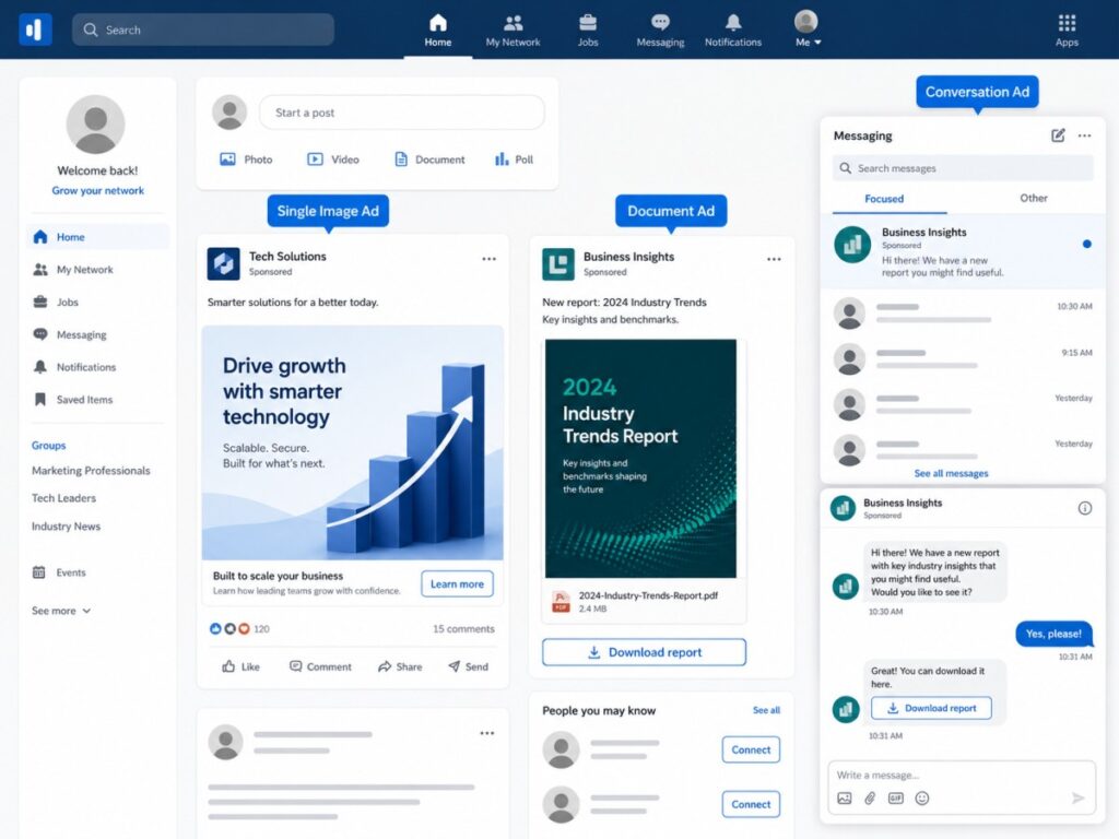 LinkedIn ads formats including Sponsored Content, Document and Conversation ads