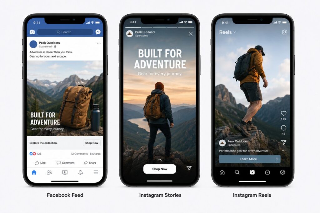 Meta ads formats across Facebook feed, Instagram Stories and Reels