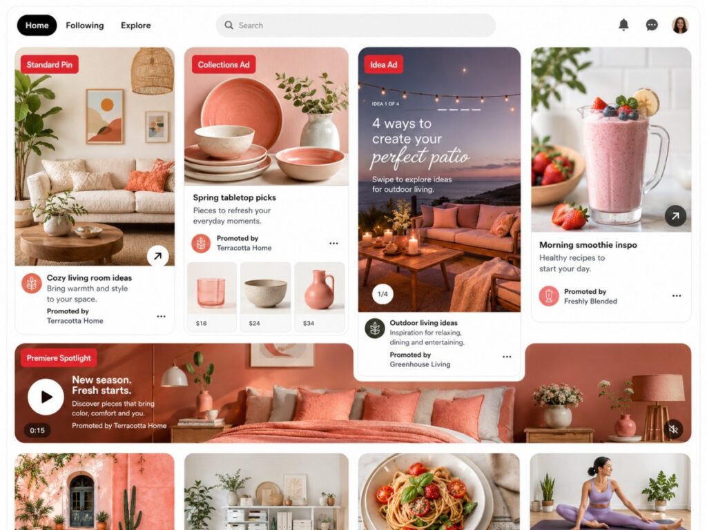 Pinterest ads formats including Standard Pins, Collections and Idea ads