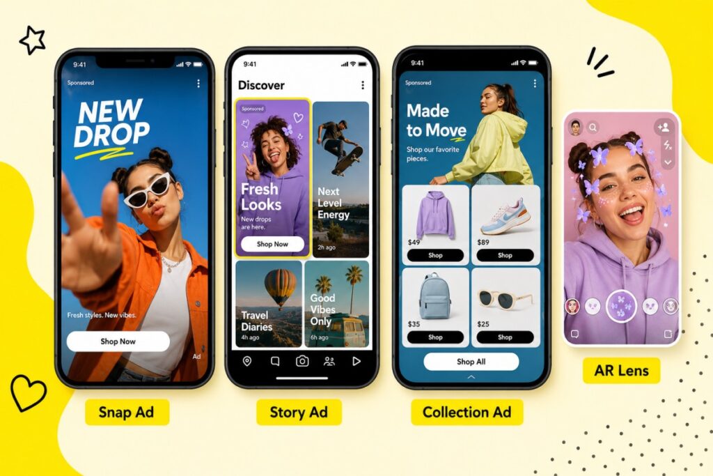 Snapchat ads formats including Snap Ads, Collection and AR Lenses