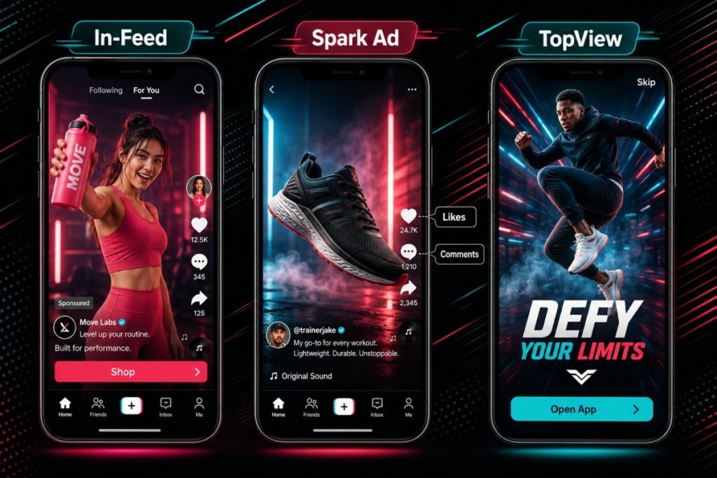 TikTok ads formats including In-Feed, Spark Ads and TopView