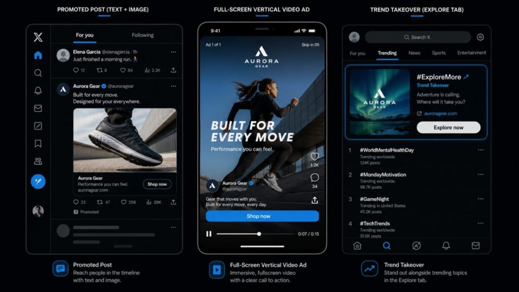 X ads formats including Promoted Posts, vertical video and Trend Takeover