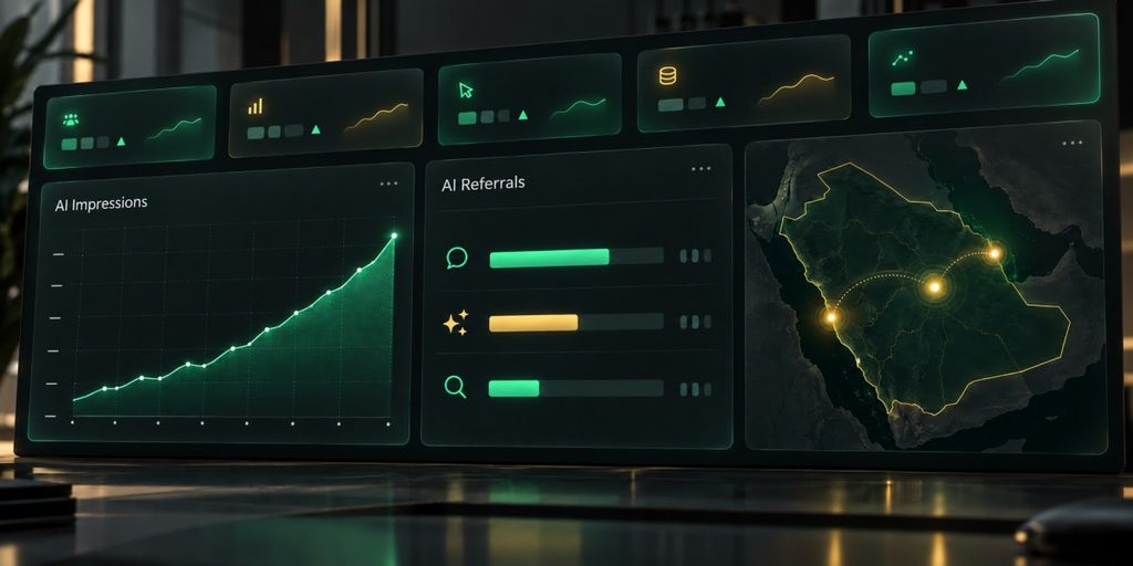 Dashboard tracking Arabic SEO performance through AI impressions and AI referral traffic in Saudi Arabia