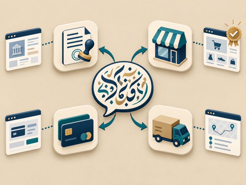 Query fan-out diagram explaining Arabic SEO for AI search with one Arabic question split into sub-queries